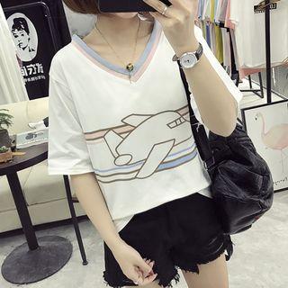 Airplane Print V-neck Short-sleeve T-shirt