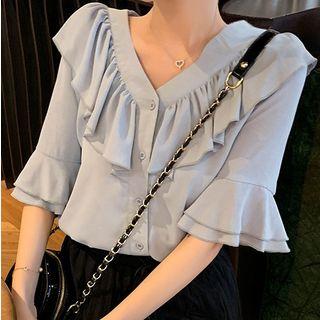 Flounced V-neck Elbow-sleeve Chiffon Blouse