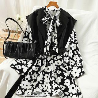 Set: Floral Long-sleeve A-line Dress + Scarf