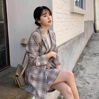Set: Plaid Button Blazer + Mini Plaid A-line Skirt