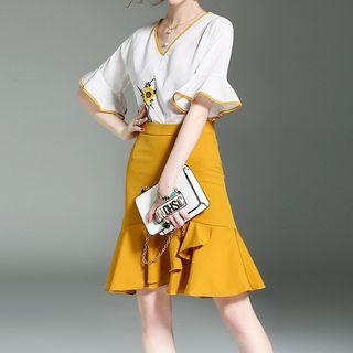 Set: Flower Embroidered Tipped Elbow Sleeve Top + Plain Ruffle Hem Skirt