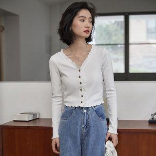V-neck Lettuce Edge Cropped Cardigan