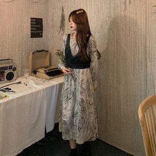 Long Sleeve Print A-line Dress / Faux Leather Cropped Vest