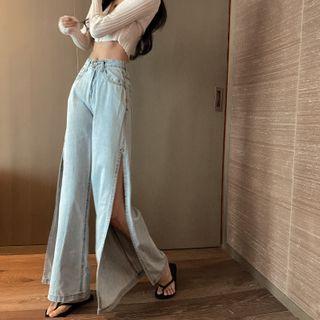 High-waist Slit-side Wide-leg Jeans