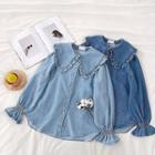 Plain Single-breasted Ruffle-trim Peter-pan Collar Denim Blouse