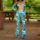 Set: Long-sleeve Off-shoulder Top + Boot-cut Pants
