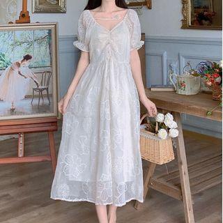 Short-sleeve V-neck Embroidered Midi Dress Dress - One Size