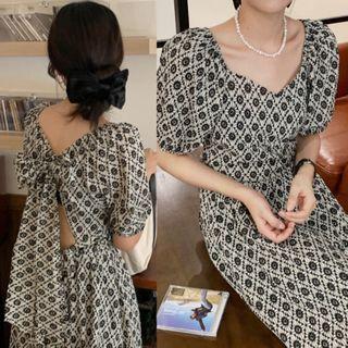 Pattered Puff-sleeve Midi A-line Dress Black - One Size
