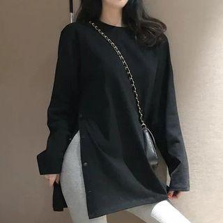 Long-sleeve Button-up Slit T-shirt
