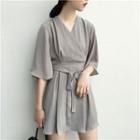 Elbow-sleeve Plain Chiffon V-neck A-line Dress