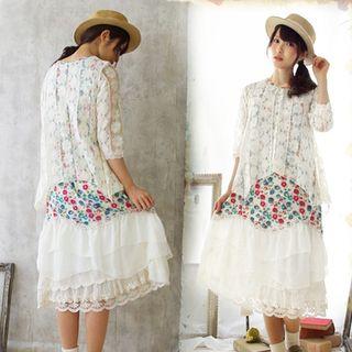 Set: Lace Top + Floral Print Tank Dress Set - Off-white - One Size