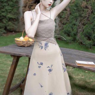 Set: Spaghetti-strap Midi A-line Dress + Long-sleeve Shrug