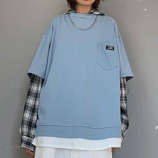 Mock Two-piece Plaid Hooded Long-sleeve T-shirt