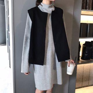 Buttoned Vest / Long-sleeve Mock Neck T-shirt Dress