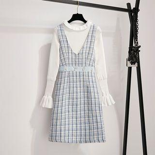 Set: Ruffle Trim Sweater + Plaid Sleeveless A-line Dress