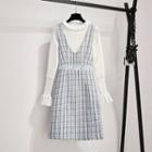 Set: Ruffle Trim Sweater + Plaid Sleeveless A-line Dress