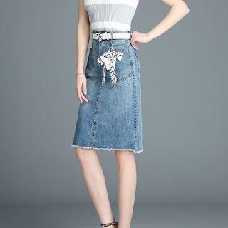 Asymmetric Frayed Hem Denim Skirt