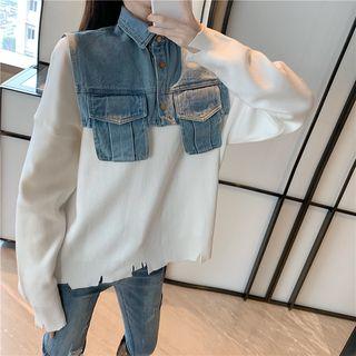 Long-sleeve Distressed Plain Top / Denim Shawl