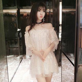 Off Shoulder Elbow-sleeve A-line Party Dress