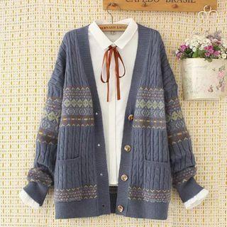 V-neck Argyle Panel Knit Cardigan