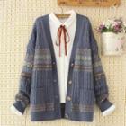 V-neck Argyle Panel Knit Cardigan