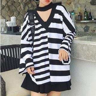 Striped V-neck Long Sleeve T-shirt Dress