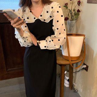 Dotted Mock Two Piece Midi Dress
