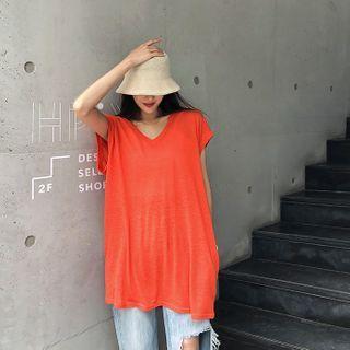 V-neck Linen Blend Longline T-shirt