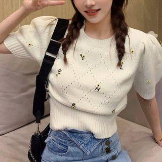 Puff-sleeve Alphabet Knit Top White - One Size
