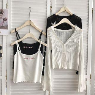 Set: Embroidered Camisole Top + Butterfly Applique Cardigan
