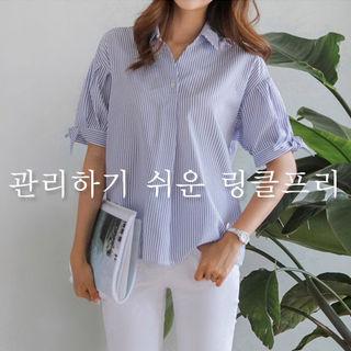 Beribboned Puff-sleeve Stripe Blouse