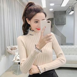 Wavy Edge Mock Neck Lettering Knit Top