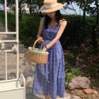 Spaghetti Strap V-neck Gingham Bow Accent Midi A-line Dress