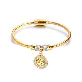 Fashion And Elegant Plated Gold Geometric Round Tree Of Life 316l Stainless Steel Bangle With Cubic Zirconia Golden - One Size