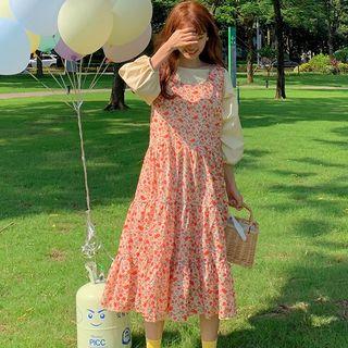 Lantern-sleeve Blouse / Midi Floral Jumper Dress
