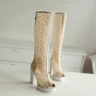 Faux-leather Mesh-panel Over The Knee Boots