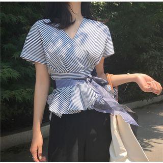 Striped Tie-waist Short-sleeve Top