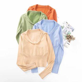 Collared V-neck Cropped Knit Top