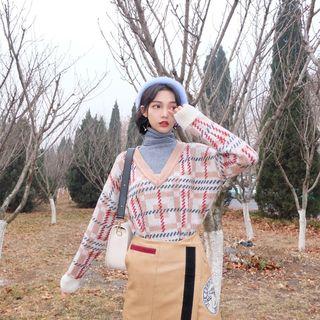 Plaid Turtleneck Mock Two-piece Sweater As Shown In Figure - One Size