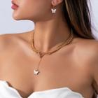 Set: Butterfly Chain Necklace + Drop Earring Set - 3436 - Gold & White - One Size