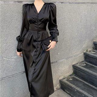 Long-sleeve Button-up Satin Midi Sheath Dress