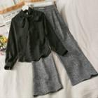 Set: Ribbon-neckline Plain Blouse + Wide-leg Pants