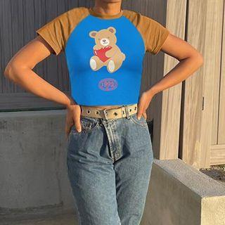 Bear Patterned Short-sleeve Crop Top