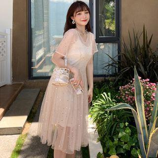 Set: Short-sleeve Midi A-line Mesh Dress + Slipdress
