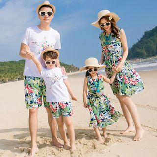 Family Matching Set: Short Sleeve T-shirt + Floral Print Shorts / Floral Print Sleeveless Dress