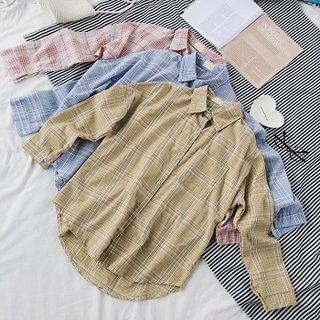 Lettering Print Midi Plaid Blouse