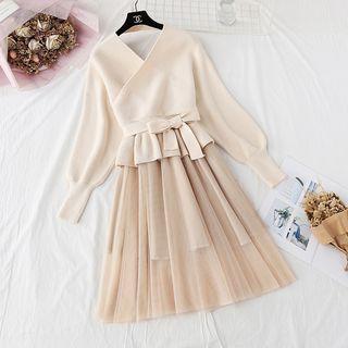 Set: Tie-waist Knit Top + Mesh Midi Skirt