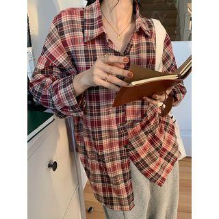 Long-sleeve Plaid Loose-fit Shirt Red - One Size