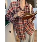 Long-sleeve Plaid Loose-fit Shirt Red - One Size