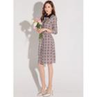 Contrast-collar Patterned Midi Shirtdress With Sash Pink & Navy Blue - One Size